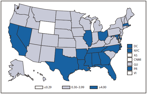 SYPHILIS - This figure is a map of the United States and U.S. territories that presents the incidence per 100,000 population of primary and secondary syphilis cases in each state and territory in 2010.
